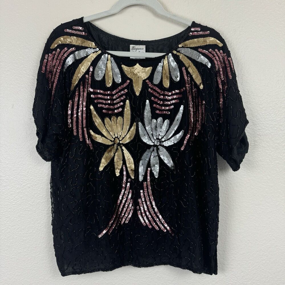 Vintage Elegance By Anujan Beaded Sequin Short Sleeve Silk Blouse Black Medium